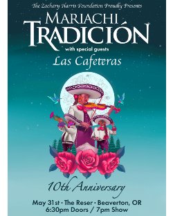 graphic showing 10th anniversary concert. three animated individuals playing instruments with a moon in the background